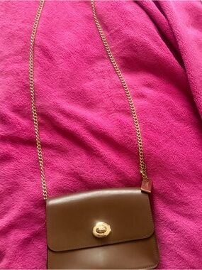 Coach Classic Brown Leather Crossbody Bag with Gold Chain